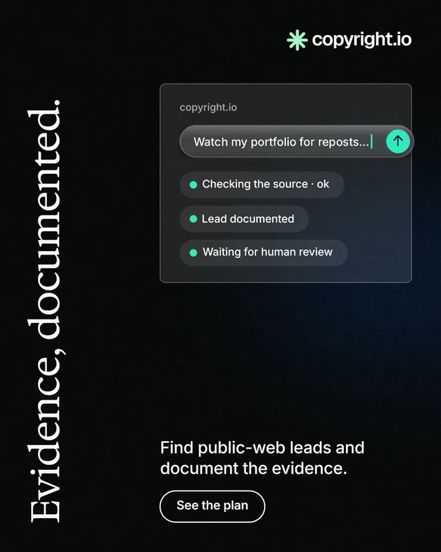 Instagram portrait post for copyright.io: "Evidence, documented." Phosphor atlas style, vertical layout, dark palette in black, grey.