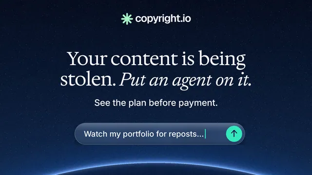 Landscape graphic for copyright.io: "Your content is being stolen. Put an agent on it." Agentic glass style, centred layout, dark palette in blue, black.