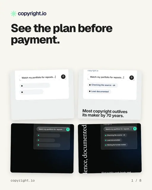 Carousel for copyright.io: "See the plan before payment.". Collection carousel, 8 slides, light palette.