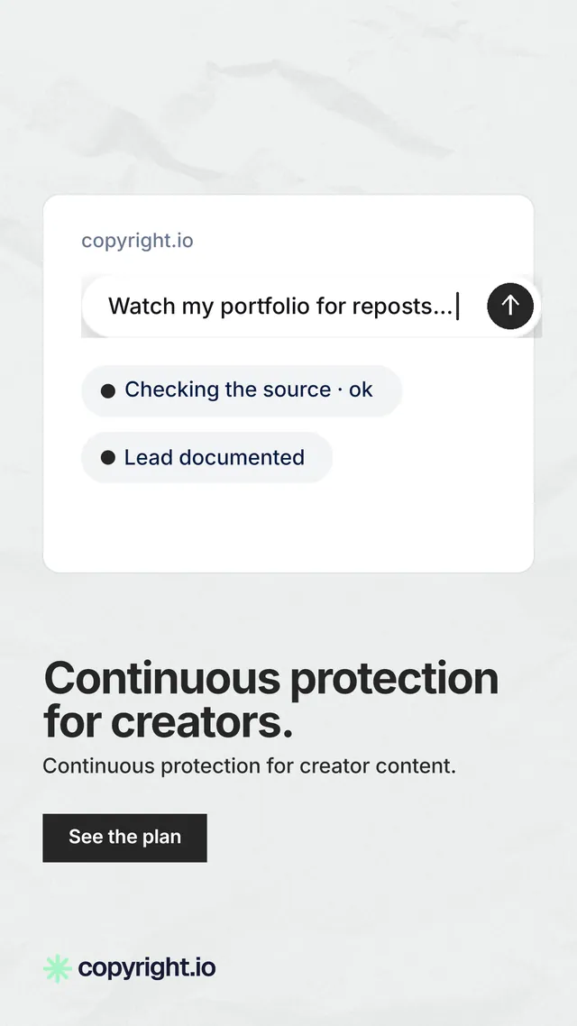 Instagram story for copyright.io: "Continuous protection for creators." Swiss style, bottom layout, light palette in white, grey.