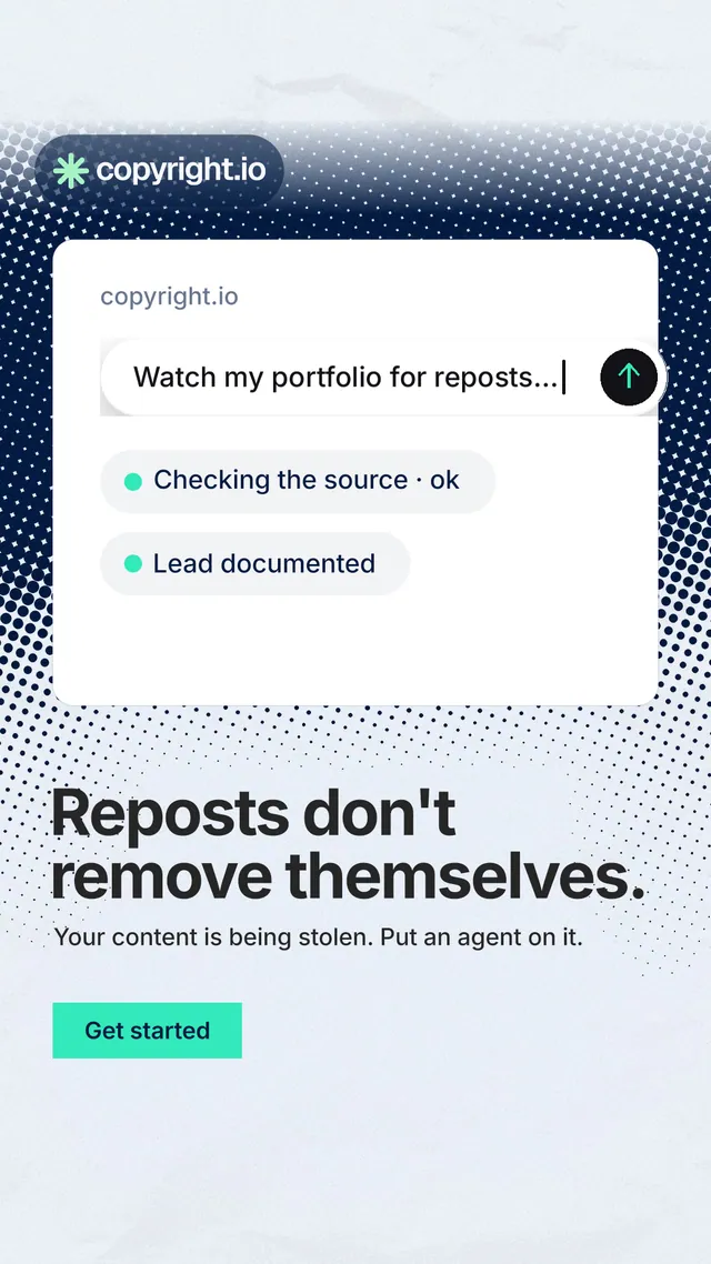 Instagram story for copyright.io: "Reposts don't remove themselves." Swiss style, bottom layout, light palette in white, blue, grey.