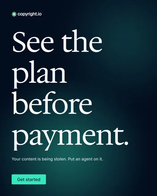Video for copyright.io: "See the plan before payment.". Doc motion loop, 7.0 s, dark palette.