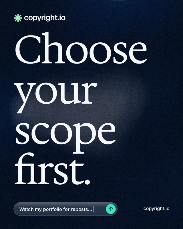 Instagram portrait post for copyright.io: "Choose your scope first." Thermal style, poster layout, dark palette in blue, black, grey.