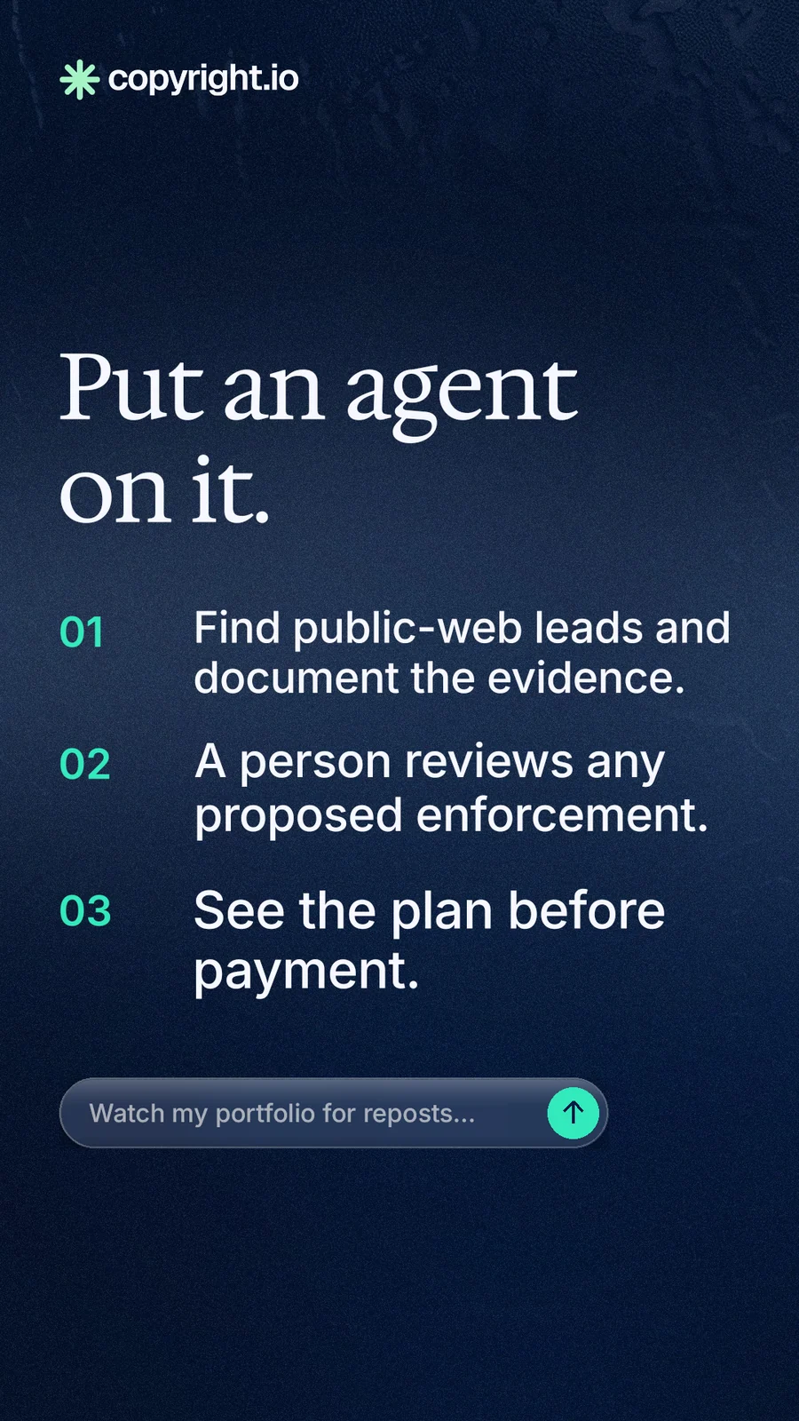 Instagram story for copyright.io: "Put an agent on it." Agentic glass style, numbered layout, dark palette in blue, black.