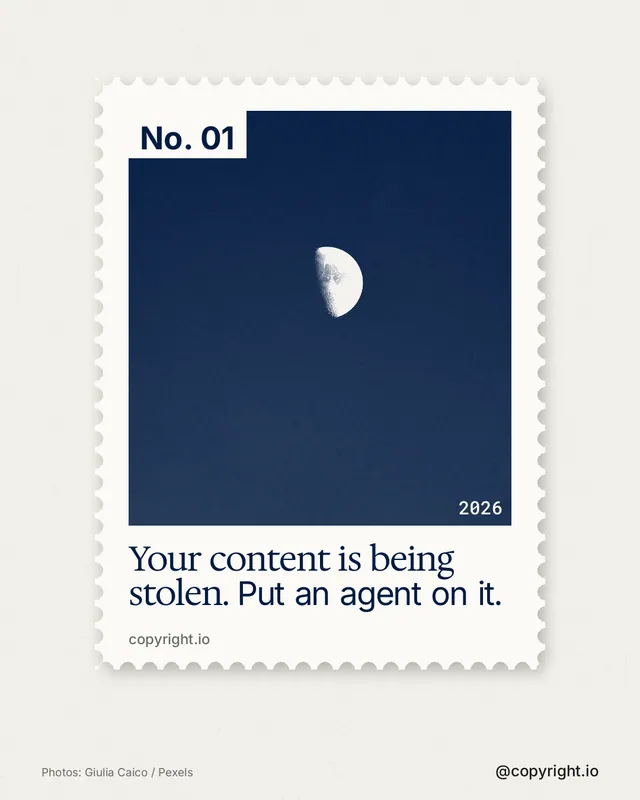 Instagram portrait post for copyright.io: "Your content is being stolen. Put an agent on it." Single style, technique:stamp series layout, light palette in white, blue.