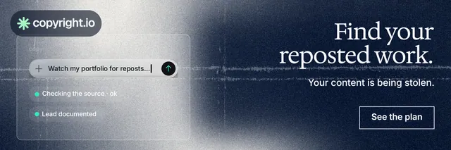 X header for copyright.io: "Find your reposted work." Cyanotype style, right layout, dark palette in grey, blue.