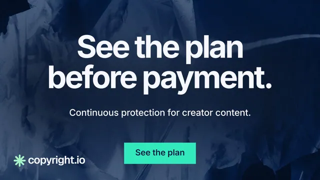 Landscape graphic for copyright.io: "See the plan before payment." Swiss style, centred layout, dark palette in black, blue, teal.