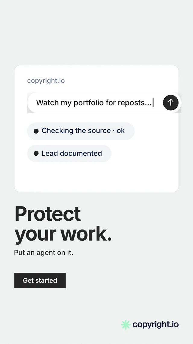 Instagram story for copyright.io: "Protect your work." Swiss style, bottom layout, light palette in white.