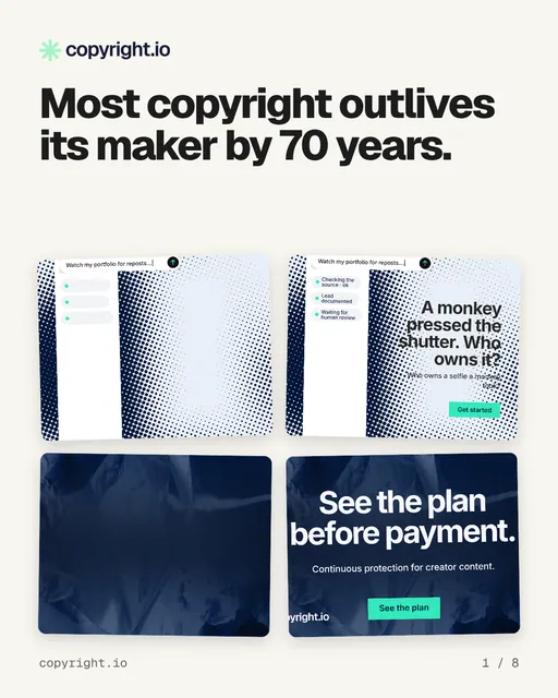 Carousel for copyright.io: "Most copyright outlives its maker by 70 years.". Collection carousel, 8 slides, light palette.