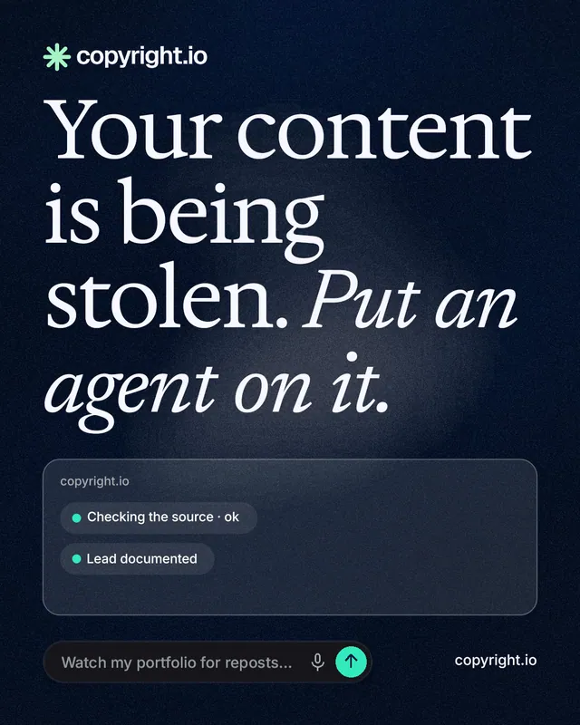 Instagram portrait post for copyright.io: "Your content is being stolen. Put an agent on it." Thermal style, poster layout, dark palette in blue, black, grey.