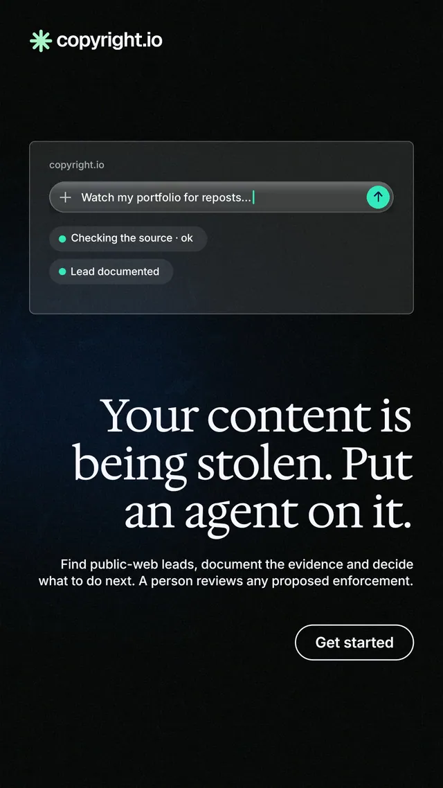 Instagram story for copyright.io: "Your content is being stolen. Put an agent on it." Phosphor atlas style, right layout, dark palette in black.