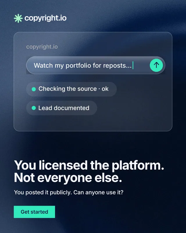 Instagram portrait post for copyright.io: "You licensed the platform. Not everyone else." Swiss style, bottom layout, dark palette in black, blue.