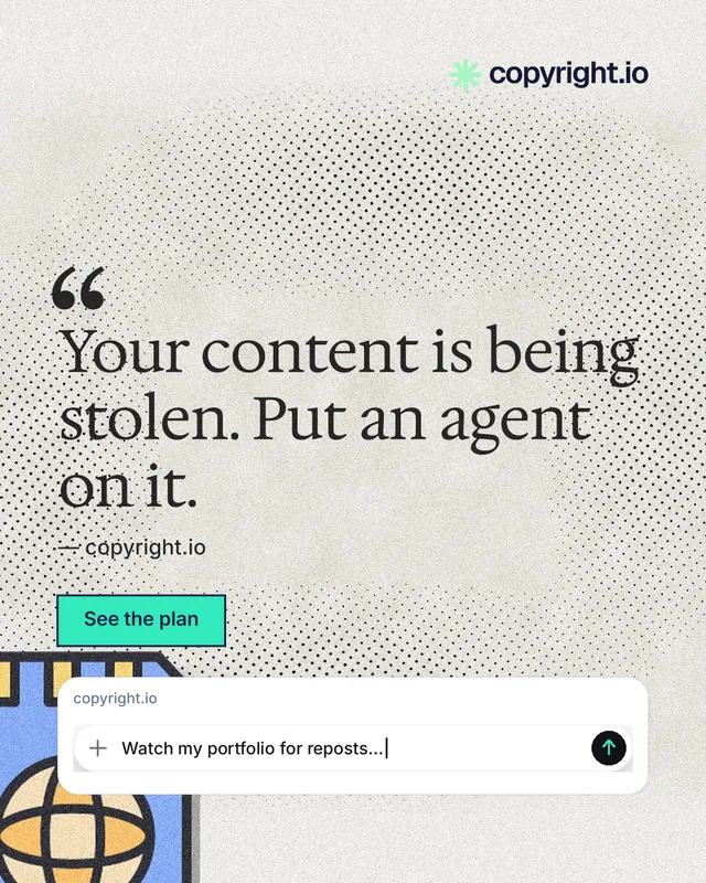 Instagram portrait post for copyright.io: "Your content is being stolen. Put an agent on it." Ink sticker style, quote layout, light palette in white, yellow, grey.