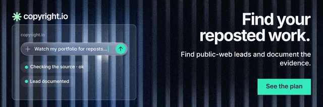 X header for copyright.io: "Find your reposted work." Swiss style, right layout, dark palette in black, blue, teal.