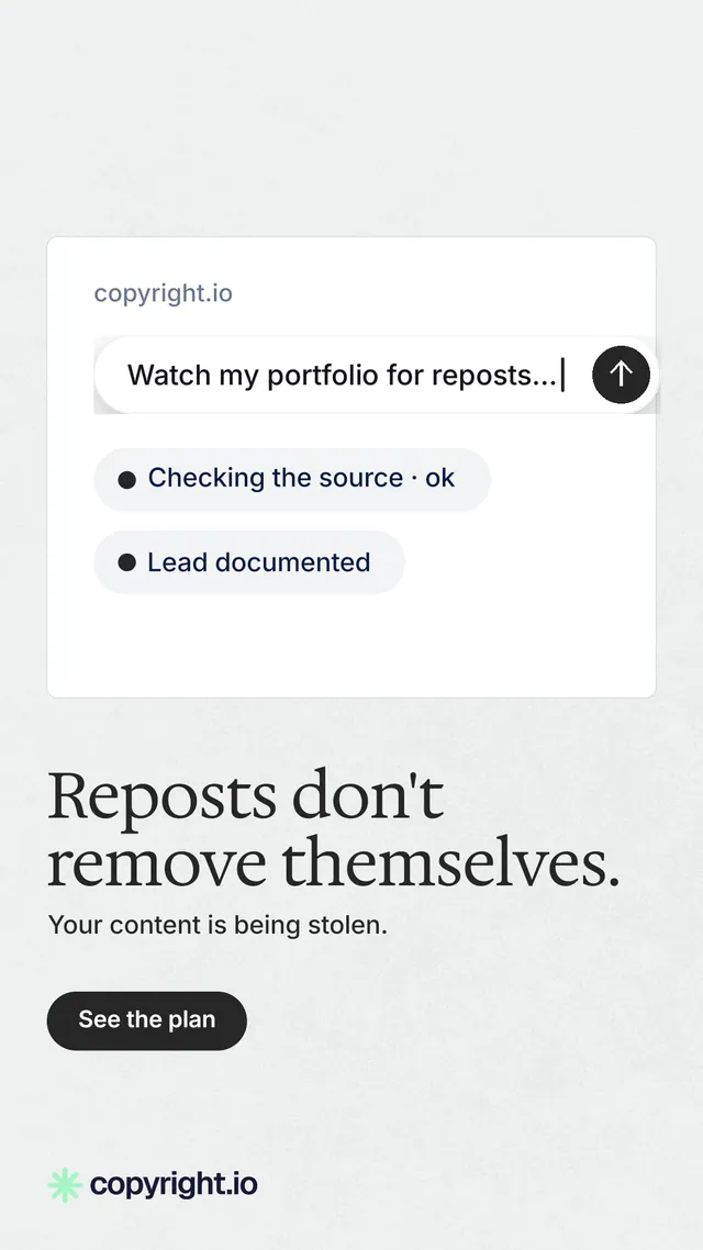 Instagram story for copyright.io: "Reposts don't remove themselves." Data card style, bottom layout, light palette in white, grey.