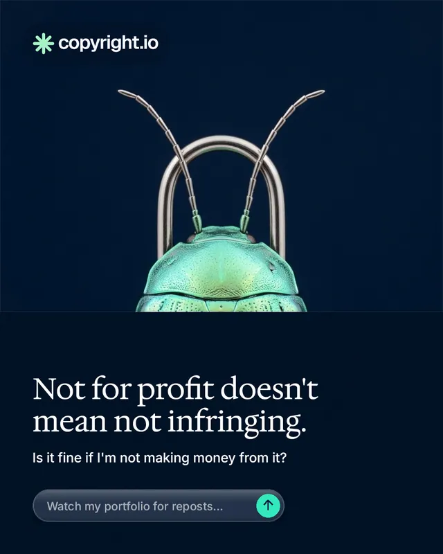 Instagram portrait post for copyright.io: "Not for profit doesn't mean not infringing." Agentic glass style, bottom layout, dark palette in black, blue.