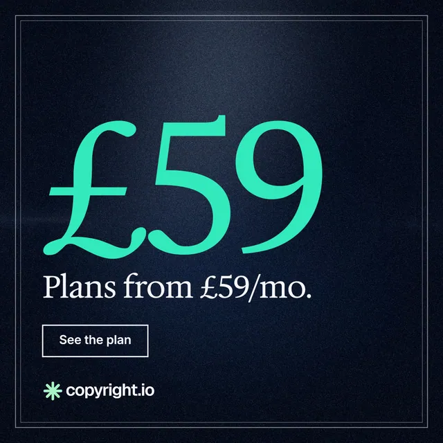 Instagram post for copyright.io: "Your content is being stolen. Put an agent on it." Dark deco style, stat layout, dark palette in blue, black, teal.