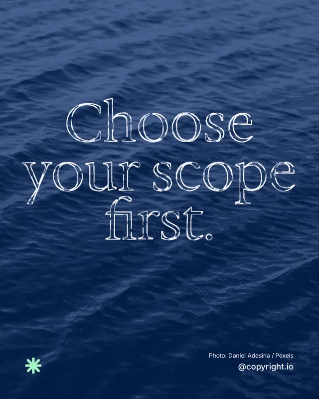 Instagram portrait post for copyright.io: "Choose your scope first." Scribble style, technique:raster type fx layout, dark palette in blue.