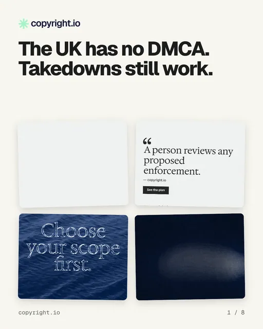 Carousel for copyright.io: "The UK has no DMCA. Takedowns still work.". Collection carousel, 8 slides, light palette.