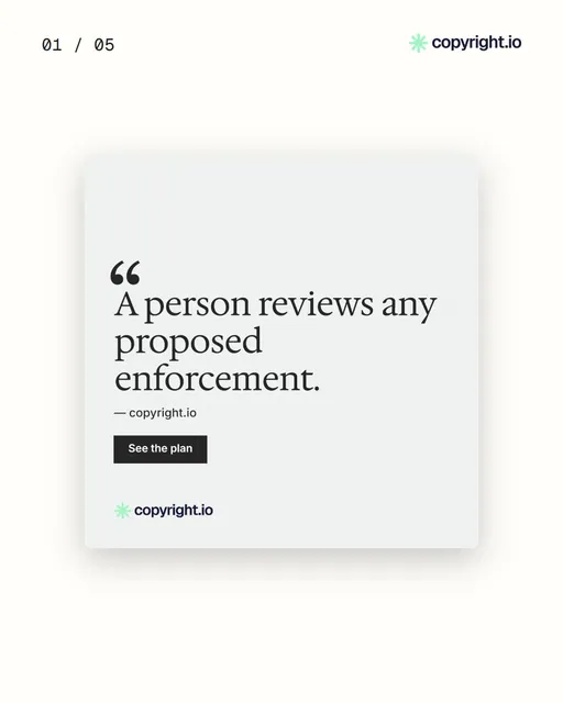 Video for copyright.io. Ad flipbook, 7.5 s, light palette.