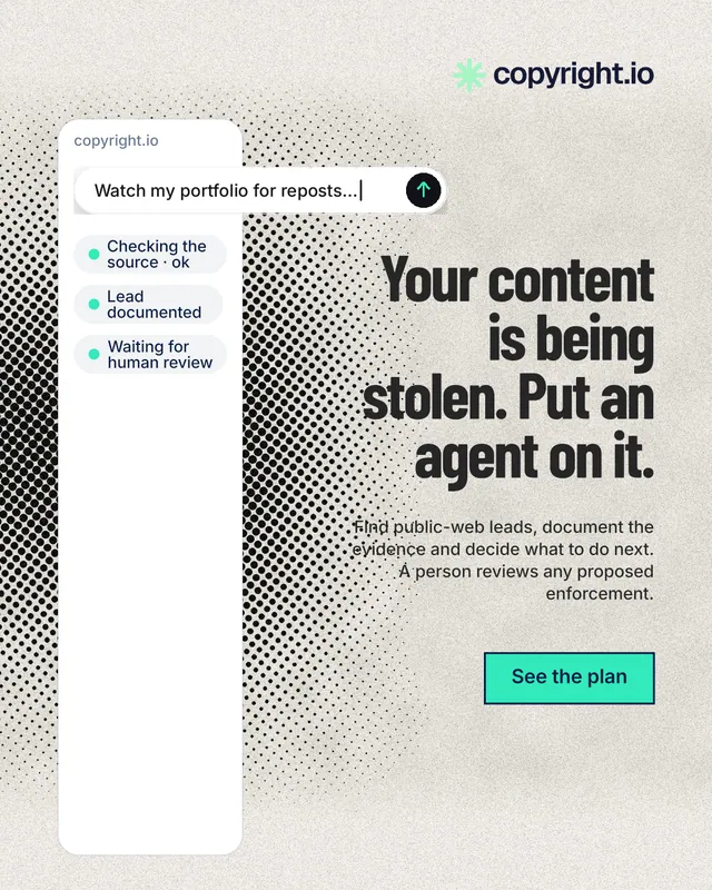 Instagram portrait post for copyright.io: "Your content is being stolen. Put an agent on it." Ink sticker style, right layout, light palette in white, grey.