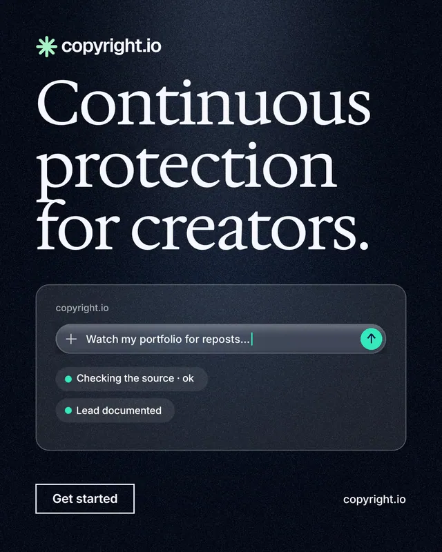 Instagram portrait post for copyright.io: "Continuous protection for creators." Dark deco style, poster layout, dark palette in blue, black, grey.