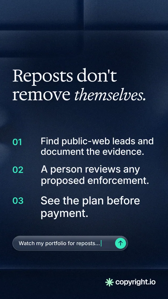 Instagram story for copyright.io: "Reposts don't remove themselves." Agentic glass style, numbered layout, dark palette in blue, black.
