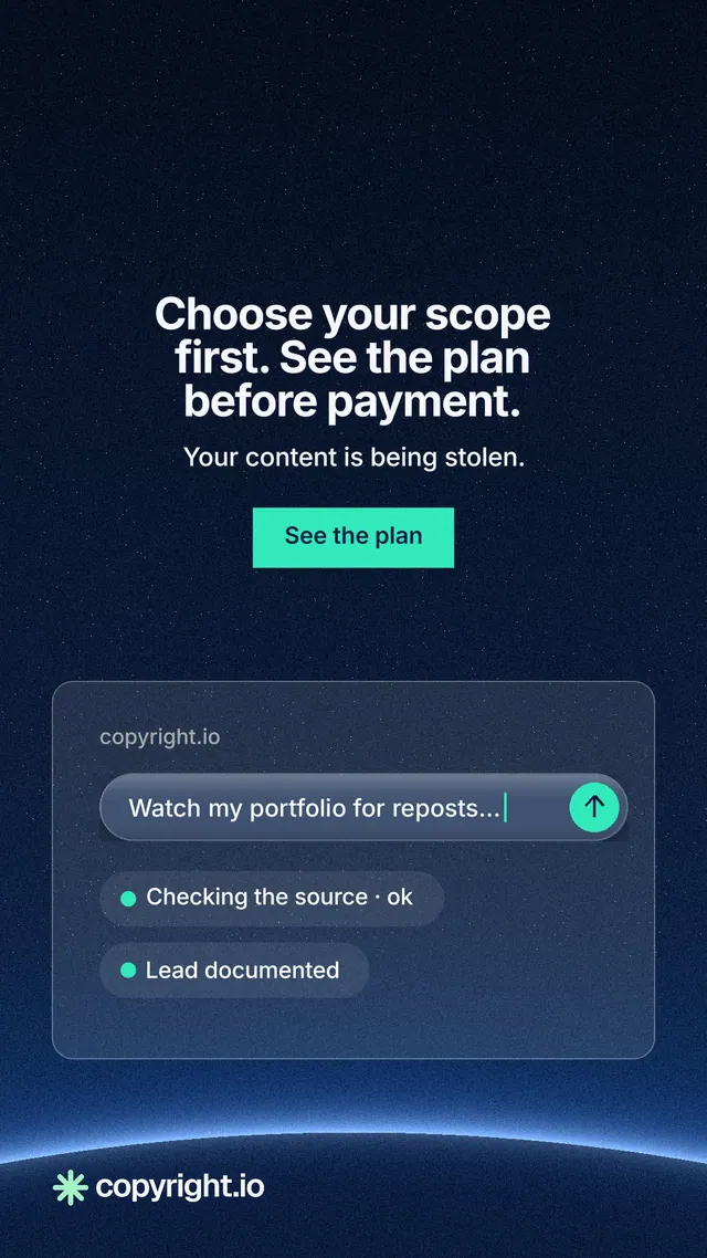 Instagram story for copyright.io: "Choose your scope first. See the plan before payment." Swiss style, centred layout, dark palette in blue, black.