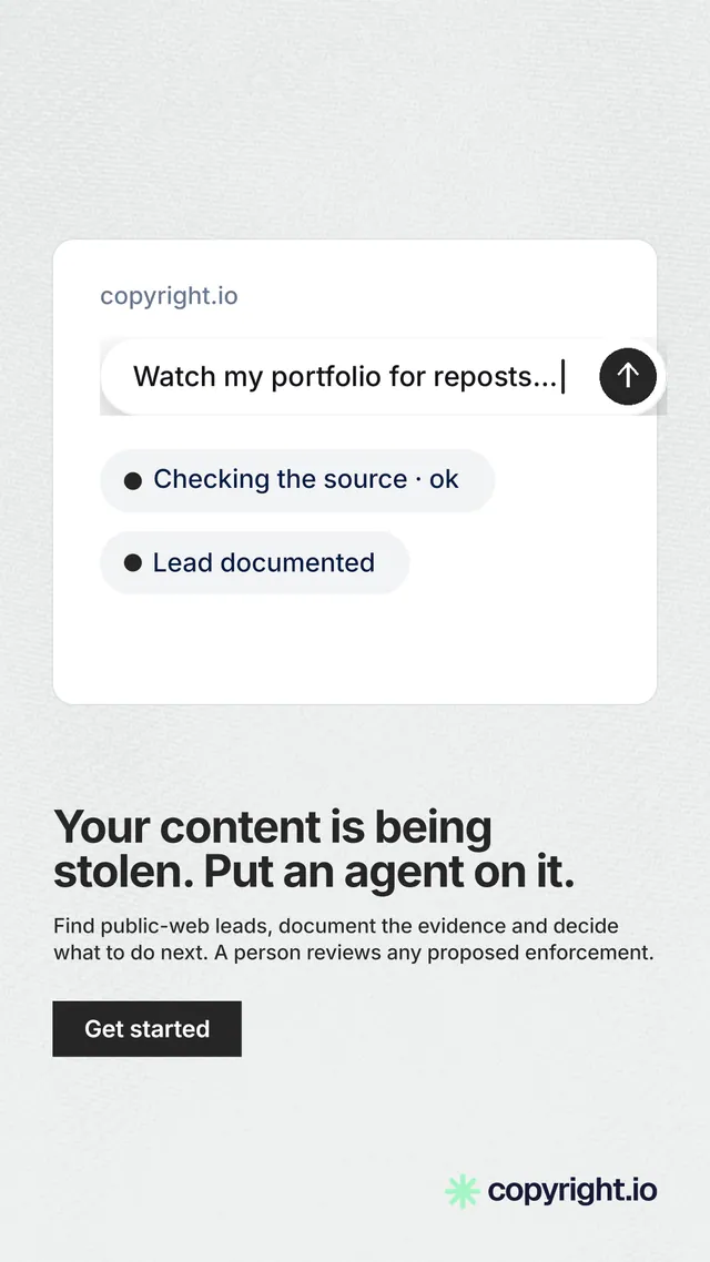 Instagram story for copyright.io: "Your content is being stolen. Put an agent on it." Swiss style, bottom layout, light palette in white, grey.