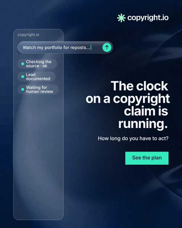 Instagram portrait post for copyright.io: "The clock on a copyright claim is running." Swiss style, right layout, dark palette in blue, black.