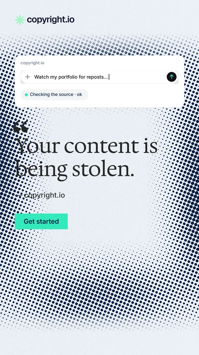 Instagram story for copyright.io: "Your content is being stolen." Swiss style, quote layout, light palette in white, grey, blue.