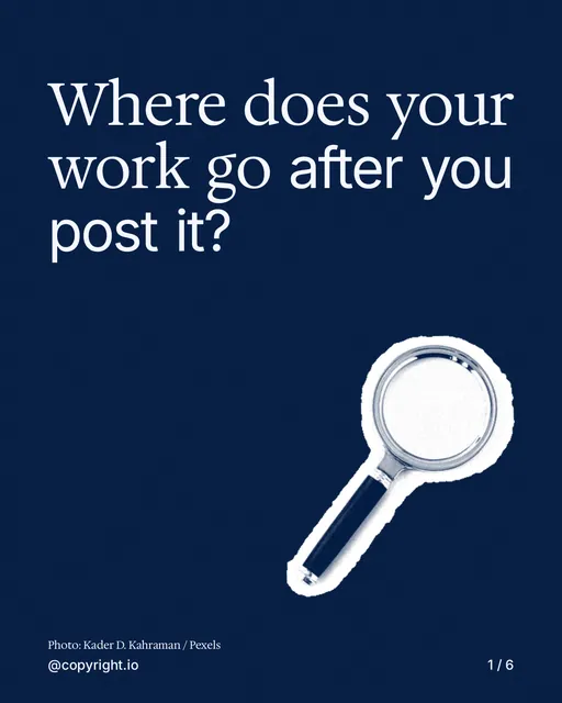 Carousel for copyright.io: "Where does your work go after you post it?". Cutout essay, 6 slides, dark palette.