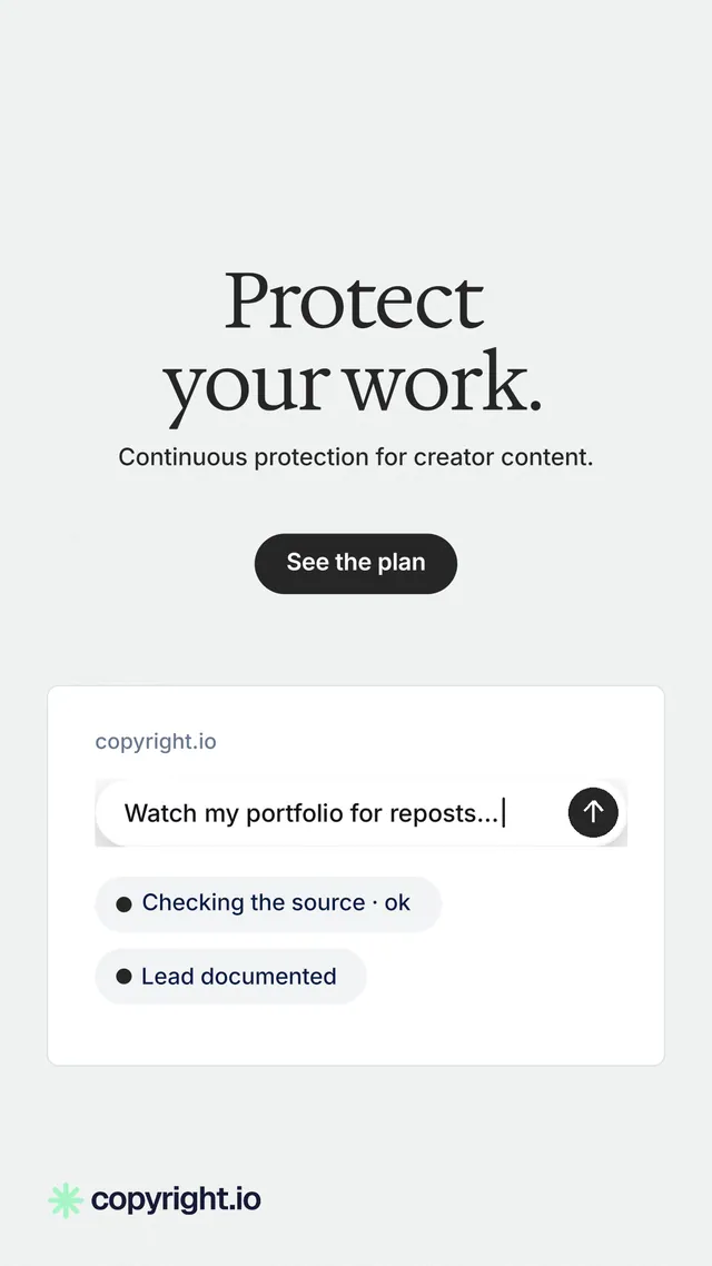 Instagram story for copyright.io: "Protect your work." Data card style, centred layout, light palette in white.