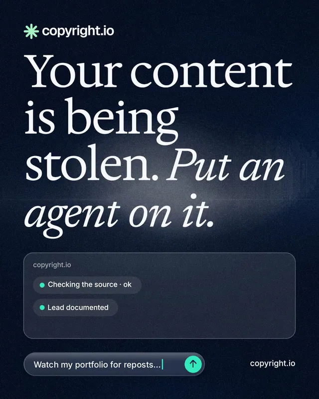 Instagram portrait post for copyright.io: "Your content is being stolen. Put an agent on it." Thermal style, poster layout, dark palette in blue, black, grey.