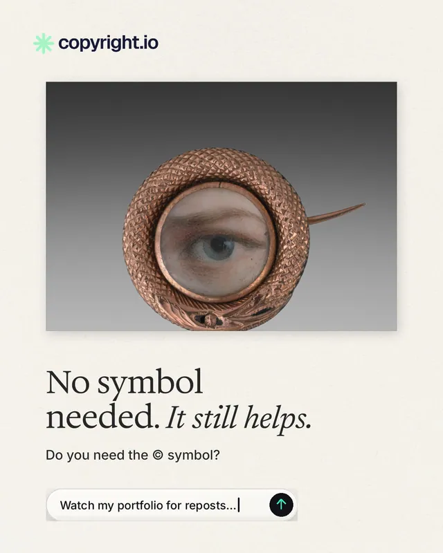 Instagram portrait post for copyright.io: "No symbol needed. It still helps." Agentic glass style, bottom layout, light palette in white, grey.