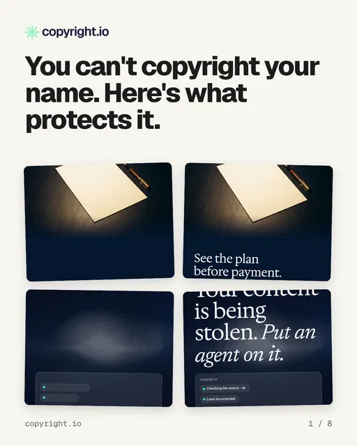 Carousel for copyright.io: "You can't copyright your name. Here's what protects it.". Collection carousel, 8 slides, light palette.