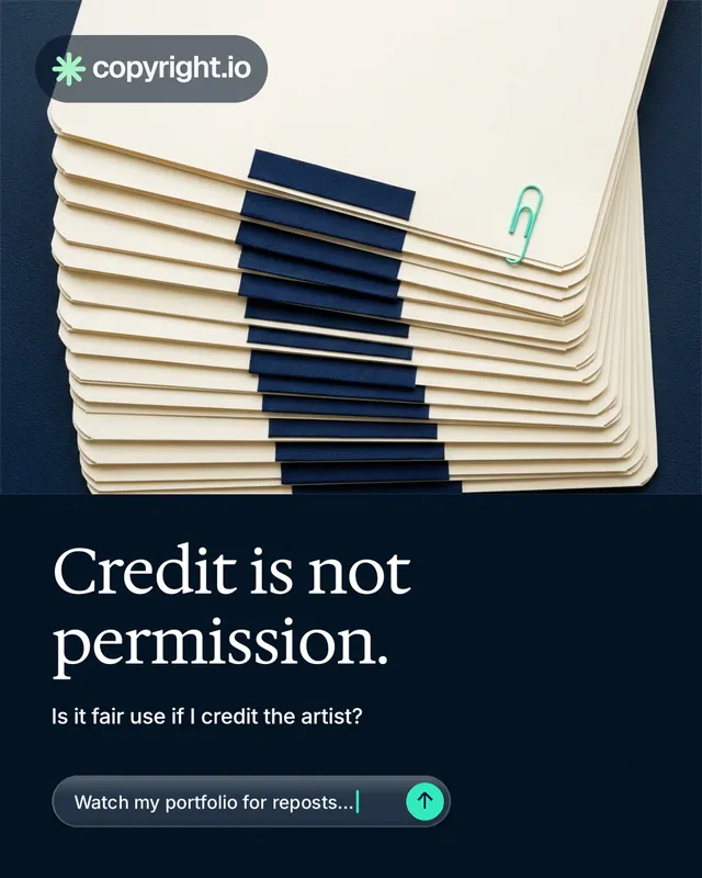 Instagram portrait post for copyright.io: "Credit is not permission." Agentic glass style, bottom layout, dark palette in yellow, black, blue.