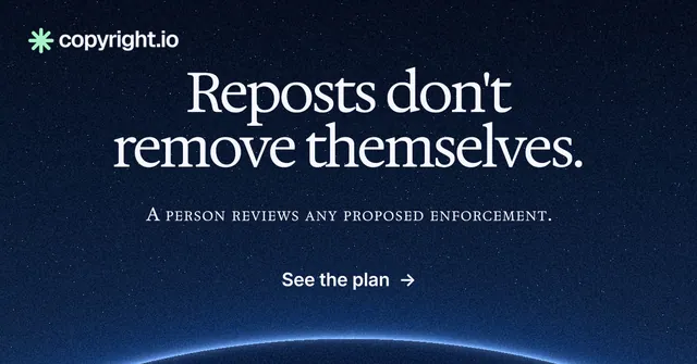 Social ad for copyright.io: "Reposts don't remove themselves." Swiss style, smallcaps layout, dark palette in blue, black, grey.