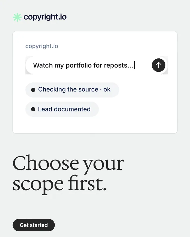 Instagram portrait post for copyright.io: "Choose your scope first." Data card style, bottom layout, light palette in white.
