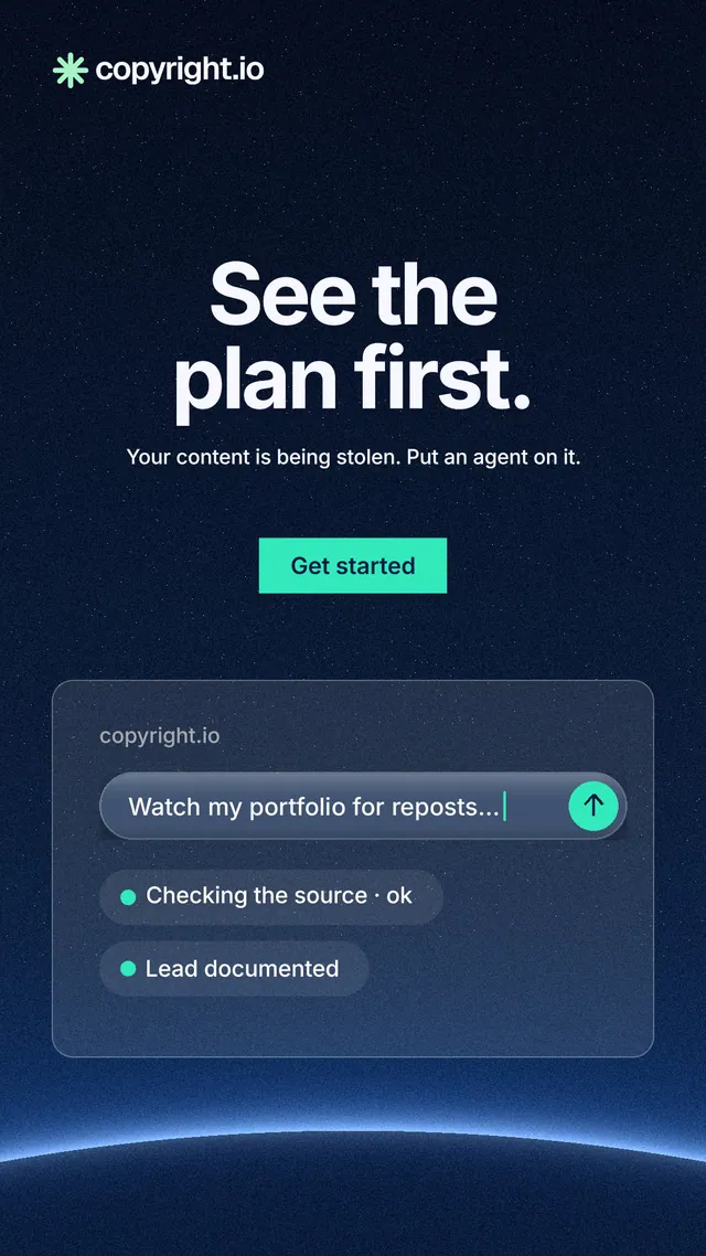 Instagram story for copyright.io: "See the plan first." Swiss style, centred layout, dark palette in black, blue.