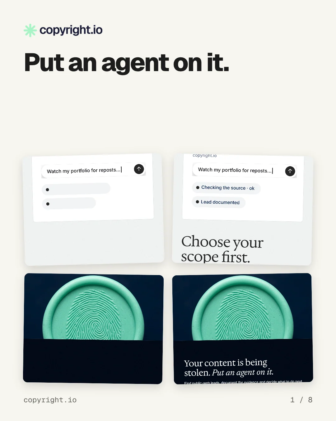 Carousel for copyright.io: "Put an agent on it.". Collection carousel, 8 slides, light palette.