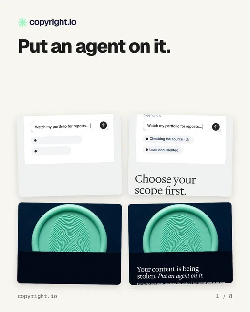 Carousel for copyright.io: "Put an agent on it.". Collection carousel, 8 slides, light palette.