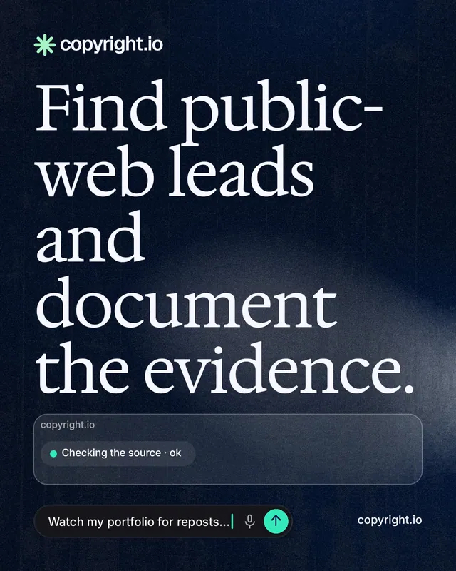 Instagram portrait post for copyright.io: "Find public-web leads and document the evidence." Thermal style, poster layout, dark palette in black, blue, grey.