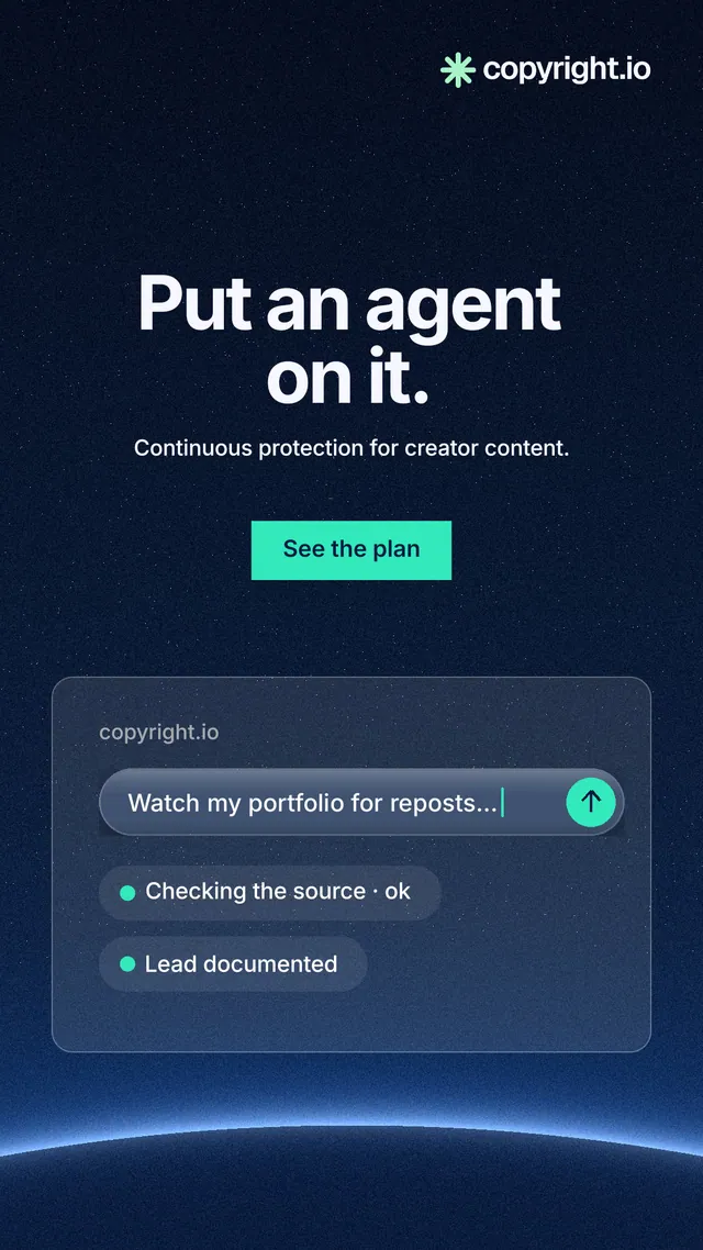Instagram story for copyright.io: "Put an agent on it." Swiss style, centred layout, dark palette in black, blue.