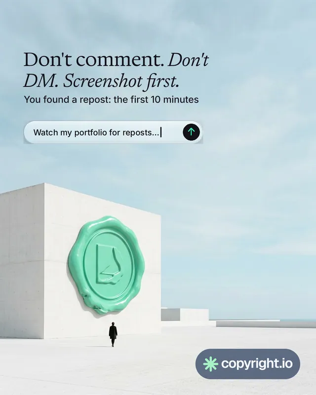 Instagram portrait post for copyright.io: "Don't comment. Don't DM. Screenshot first." Agentic glass style, bottom layout, light palette in teal, grey, white.