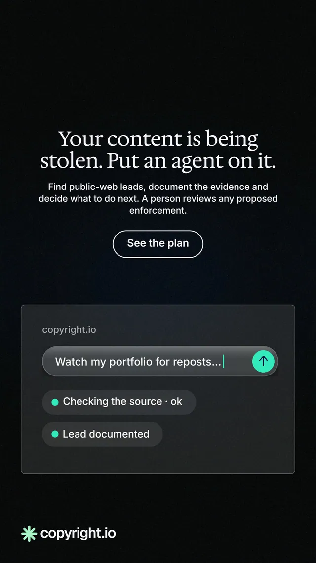 Instagram story for copyright.io: "Your content is being stolen. Put an agent on it." Phosphor atlas style, centred layout, dark palette in black.