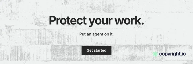 X header for copyright.io: "Protect your work." Swiss style, centred layout, light palette in white, grey.