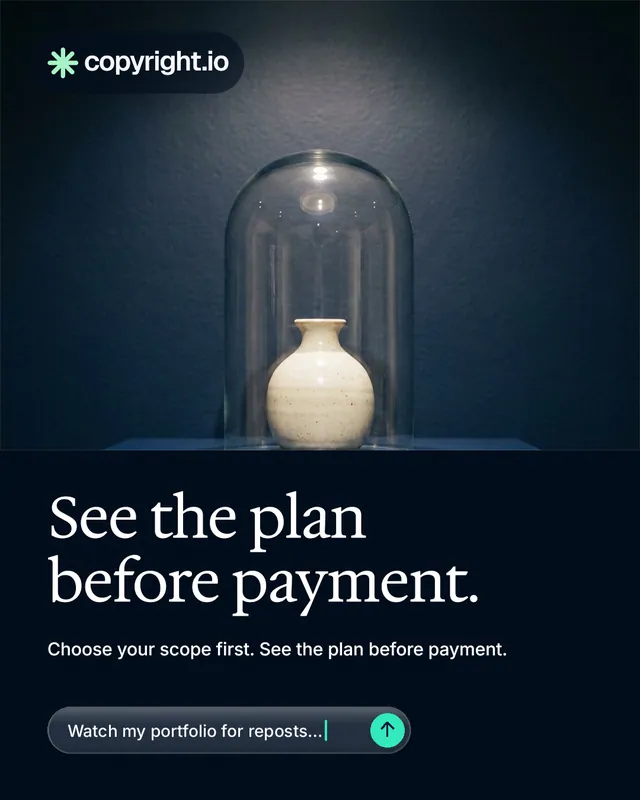 Instagram portrait post for copyright.io: "See the plan before payment." Agentic glass style, bottom layout, dark palette in blue, black, grey.