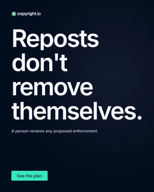 Video for copyright.io: "Reposts don't remove themselves.". Doc motion loop, 7.0 s, dark palette.