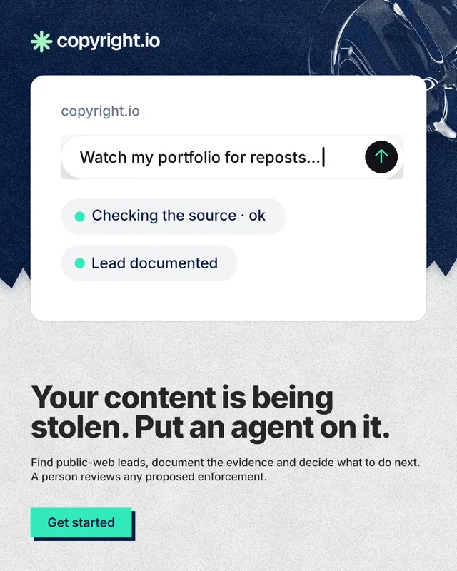 Instagram portrait post for copyright.io: "Your content is being stolen. Put an agent on it." Paper trio style, bottom layout, light palette in white, blue.
